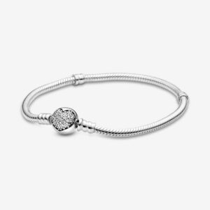 Pandora 590743-17 Moments Sparkling Heart Clasp Snake Chain Bracelet