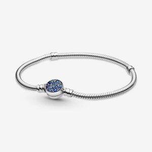 Pandora 599288C01-17 Moments Sparkling Blue Disc Clasp Snake Chain Bracelet