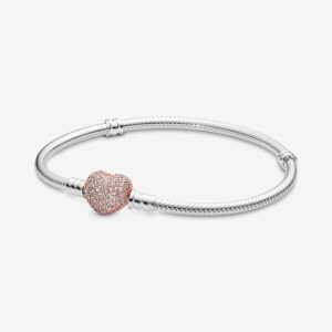 PANDORA 586292CZ Rose Pavé Heart Clip Moments Silver Bracelet 21 cm